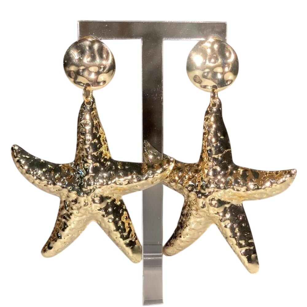 New Mermaid Yellow Gold Metallic Star fish Earrings Starfish Drop Metal Textured